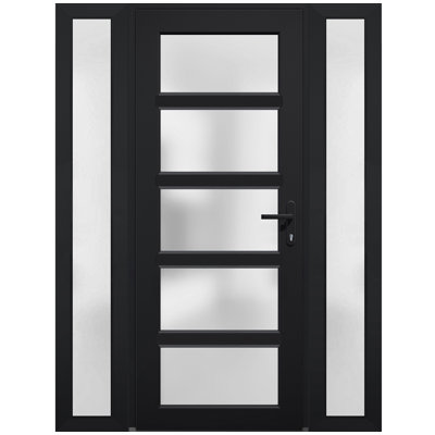 Porte d'entrée extérieure prémontée en fibre de verre, verre dépoli, Manux 8002, noir mat, 2 fenêtres latérales extérieures, portes pour bureaux, commerces et habitations, entrée, patio, garage - L 14+36+14 x H 80 - Ouverture à gauche vers l'intérieur