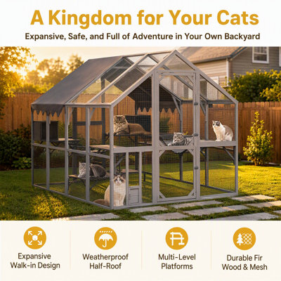 Large Outdoor Chicken Coop Enclosure 110" Walk-In Catio with Waterproof Removable Cover, Metal Pet Run Cage for Kittens, Chickens & Small Animals, Secure Lock & 2 Doors Design