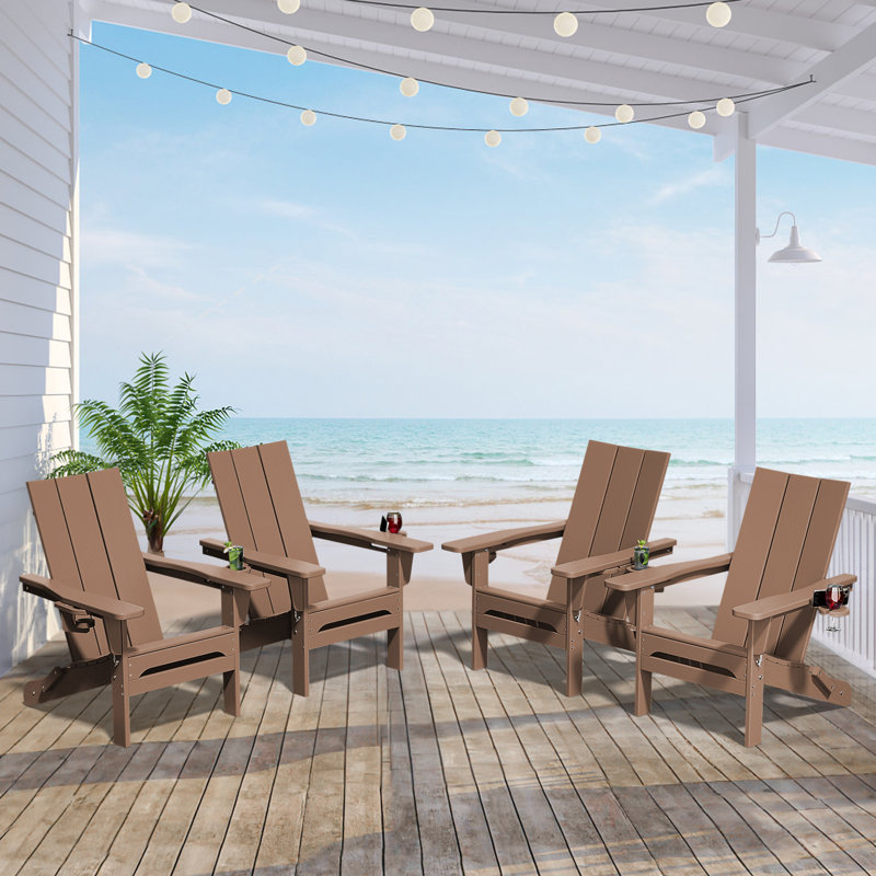 Wolak High Density Polyethylene Folding Adirondack Chair With Double Cup Holder(Set Of 4), Brown
