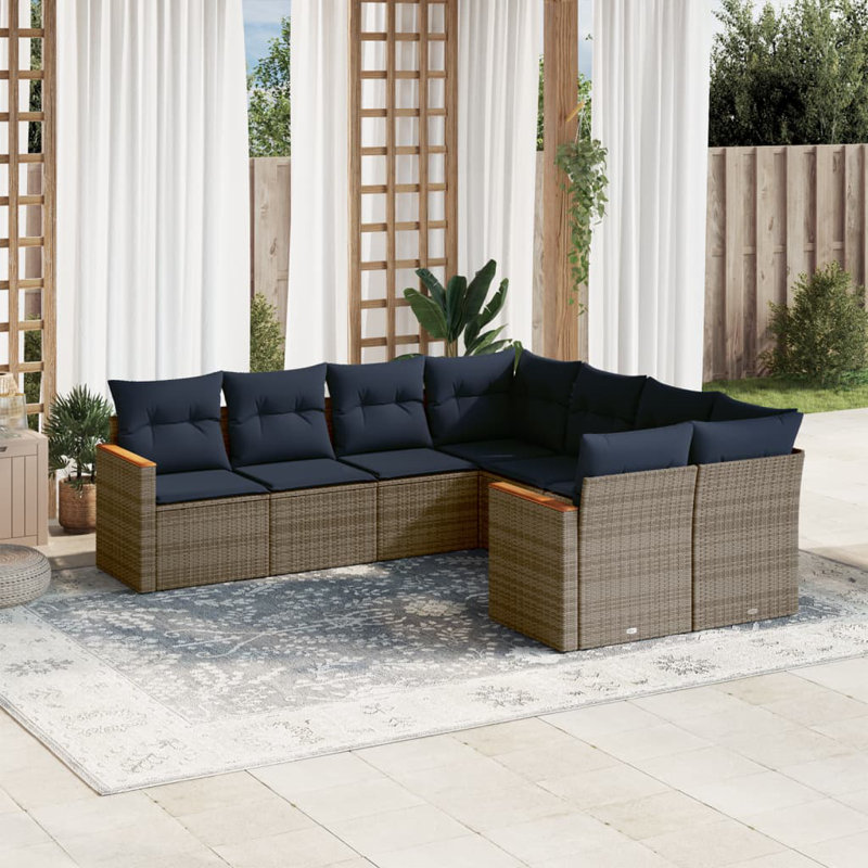 Latitude Run® 8 Piece Patio Sofa Set With Cushions Black Poly Rattan, Gray, Navy Blue