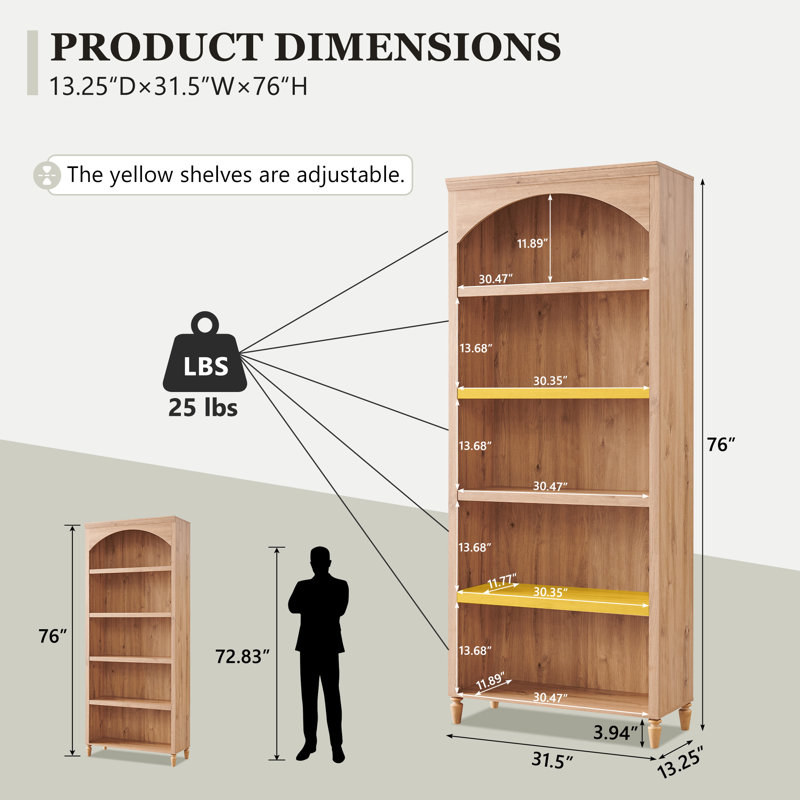 Bibliothèque arquée de 76 po de hauteur, grande étagère arquée à 5 niveaux avec tablettes réglables, avec rangement et tablettes ouvertes