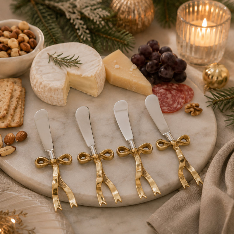 Ensemble d'écarteur à fromage à poignée en arc (ensemble de 4 pièces) - Couverts à fromage en acier inoxydable avec motif sculptural pour planches de charcuterie