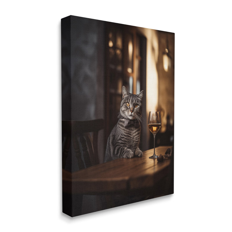 «Classy Cat with Wine», art mural sur toile par Ziwei Li, H 20 po x l 16 po