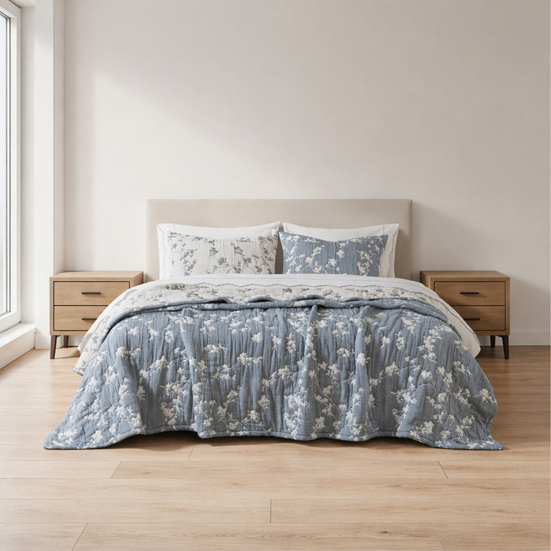 3 Pieces Full/Queen Jacquard Cotton Gauze Quilt Set,Blue, Blue Abstract