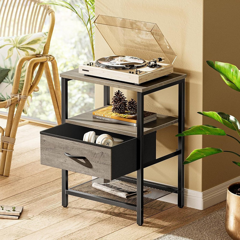 Ensemble de 2 tables de chevet avec tiroir en tissu et étagère en maille, chêne – Tables d'appoint à structure métallique