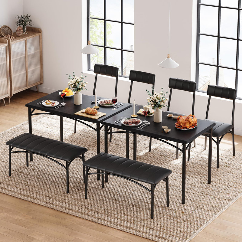 Dining Table Set for 4 Kitchen Table with Upholstered Bench and 2 Chairs Wooden Dining Table Set for Apartment Dining Room Small Space Black