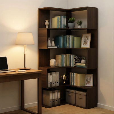 Bibliothèque de coin en L de 66 po de hauteur à 66 niveaux en noyer, idéale pour le salon, la chambre à coucher, le bureau personnel - étagère de présentation autoportante avec unités ouvertes, plusieurs conceptions, bibliothèque en noyer facile à assembler,