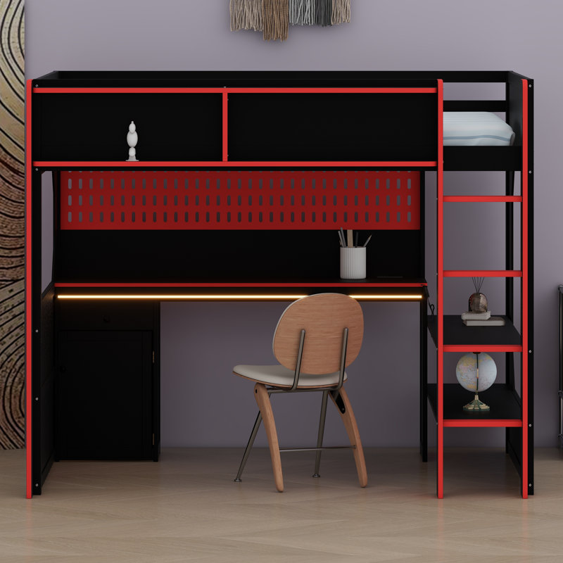 Modern Gaming Loft Bed with Integrated Desk, LED Lighting & Built-in Charging Station, Black+Red