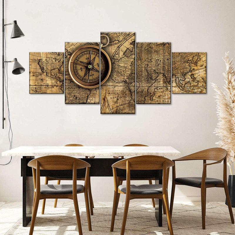 Boussole en laiton sur carte du monde 5 pièces, H 30 po x l 68 po x P 1,25 po