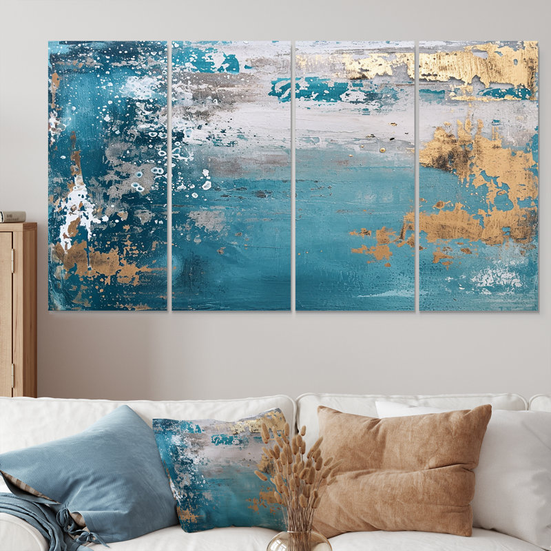 «Sunshine Through The Ocean Rain», art mural abstrait sur toile, 4 pièces, H 32 po x l 64 po