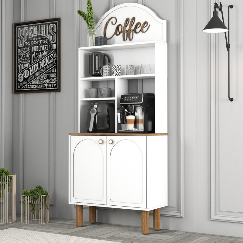 Modern White Coffee Bar Cabinet with Numerous Shelves, 32.0 x 80.0 x 13.8 inches | 100% Melamine Coated Particle Board, Thickness: 0.7 inches | Wall-Mountable for Extra Storage, Stylish & Functional Design