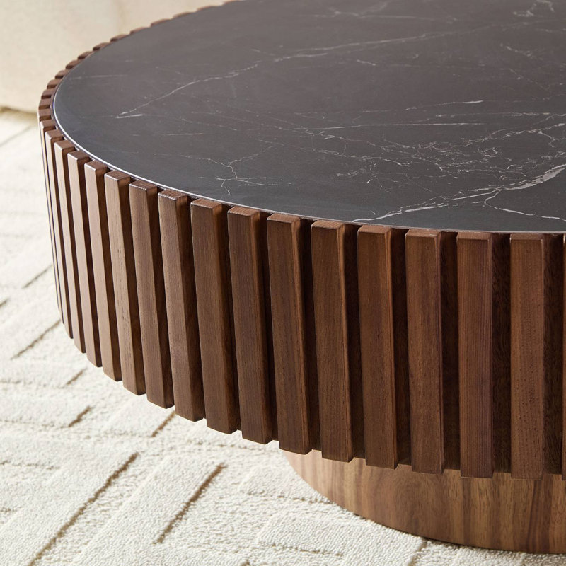 Table basse ronde en fritté et en bois manufacturé 35,43 po, Noyer, Noir, noir, noir, noir