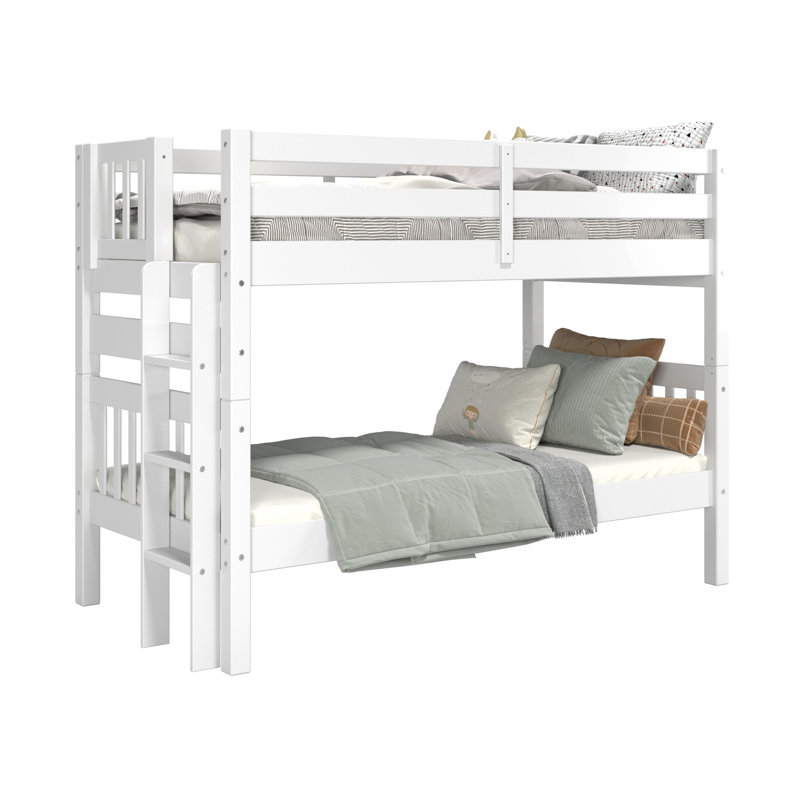 Treva Solid Wood Standard Twin over Twin Bunk Beds, 3 Step Ladder, White, White