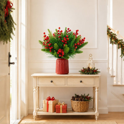 60 pièces de verdure artificielle de Noël, brins de faux pin mélangés et tiges de baies rouges pour arrangement floral de guirlande de guirlande d'hiver