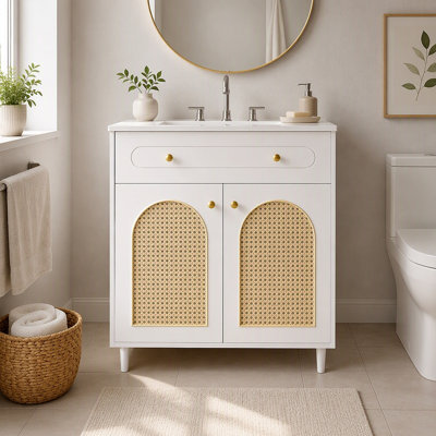 Meuble-lavabo de 30 po avec lavabo en céramique, meuble-lavabo à cadre en bois massif avec tablette réglable, tiroir basculant, panneaux avant en rotin