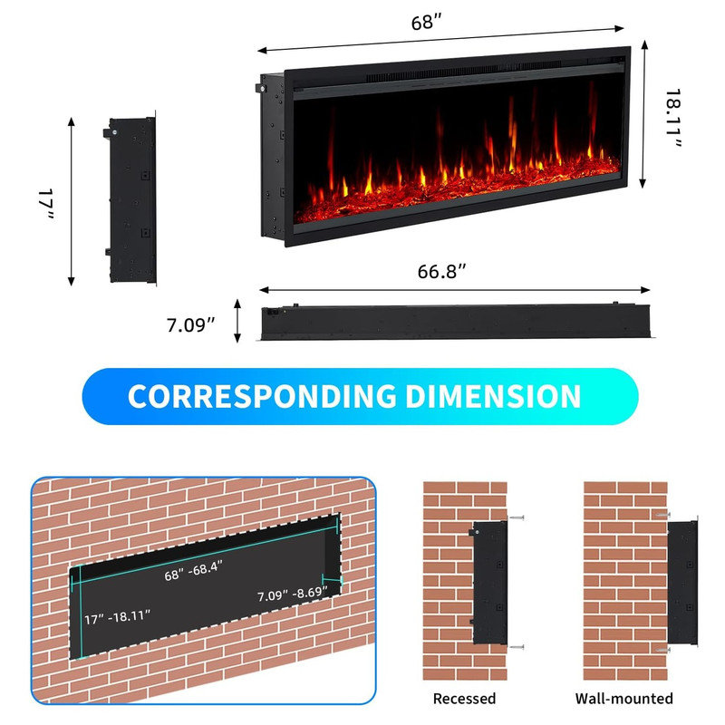 Foyer électrique 68 pouces mural / encastré 68 pouces avec chauffage 750W / 1500W, 12 flammes de 12 couleurs, minuterie de 0,5 à 9 heures, télécommande, design en verre trempé