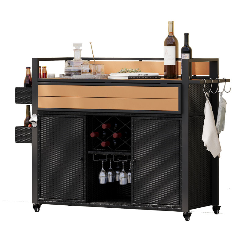 52.8" Wicker Outdoor Grill Cart With Polywood Top, Rolling Kitchen Island & Storage Cabinet For Patio, Black, Black