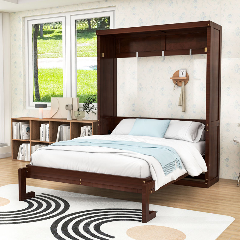 Lit escamotable en bois avec lattes, Lit double, Espresso