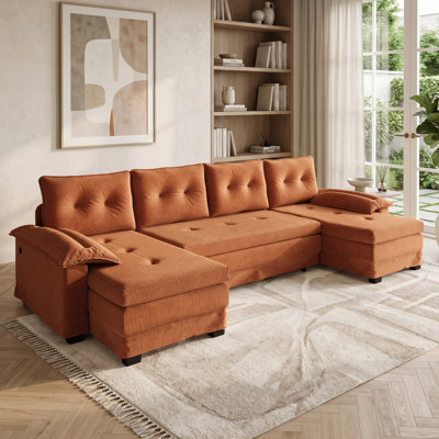 Canapé-lit d'angle en forme de U, 110 pouces, recouvert de chenille, avec lit gigogne, canapé-lit 2 en 1 avec ports de chargement USB, méridienne double modulaire surdimensionnée pour salon, appartement et chambre d'amis