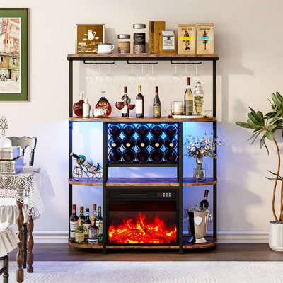 Armoire à boissons alcoolisée autoportante de 60 po de hauteur avec foyer de 18 po, armoire à vin à 4 niveaux avec porte-bouteilles et verres, tablette polyvalente pour la maison, la cuisine, la salle à manger, brun