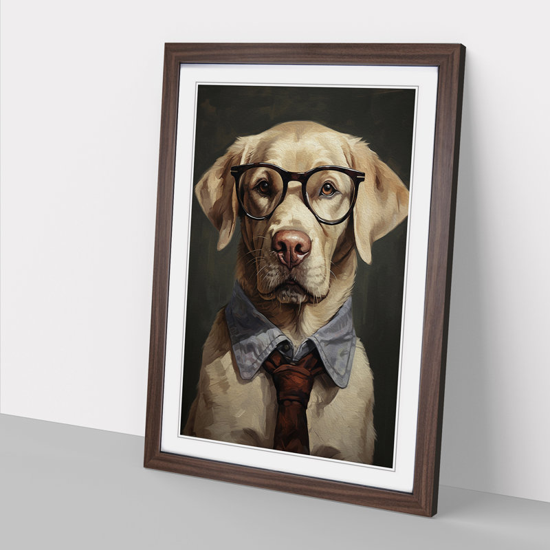 Labrador Retriever With Glasses Painting - Single Picture Frame Print on Wood, 34cm H x 25cm W x 2cm D, Walnut Framed