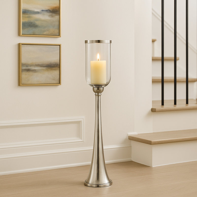 Striking Tall Candle Holder - Modern Metal and Glass Floor Candle Stand for Pillar Candles, Ideal for Dining Rooms, Centerpieces, and Home Accents