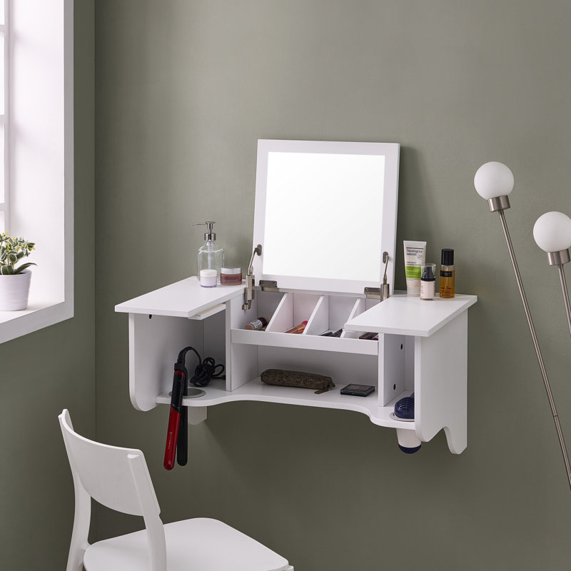 Rebord mural transitionnel blanc avec miroir - Économisez de l'espace pour vos accessoires de coiffure et de coiffage Accessoires de rangement, maquillage