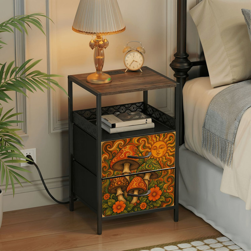 Table de chevet 2 tiroirs avec station de charge, table de chevet de chambre à coucher avec ports USB, tablette ouverte noire, table de chevet avec imprimé de fleurs colorées psychédéliques
