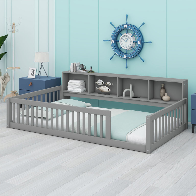 Floor Bed With Storage Cabinets And USB Ports, Gray