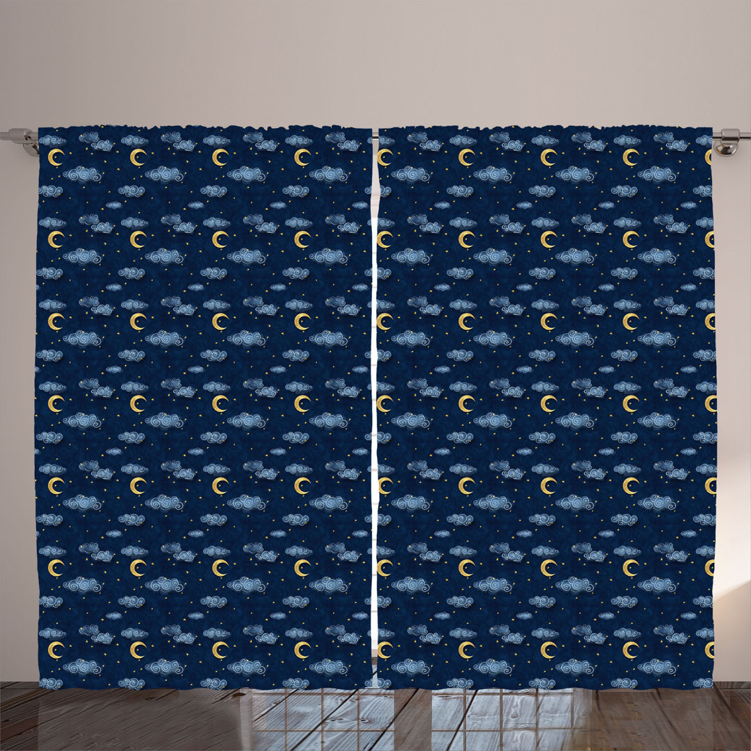 Rustic curtain, dark sky, stars with clouds, night, dark sea blue mustard
