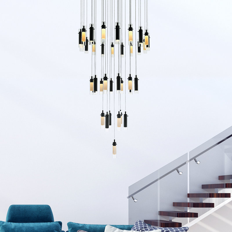 Lustre à DEL multi-lumières intégré - Design moderne et suspendu à niveaux pour plafonds hauts, Or satiné