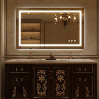 Led Bathroom Mirror, Dimmable Vanity Mirrors For Wall, Anti-fog, 3 Colors Adjustable, Memory, Double Led Lights ( Front And Backlit ) Durable Tempered Material