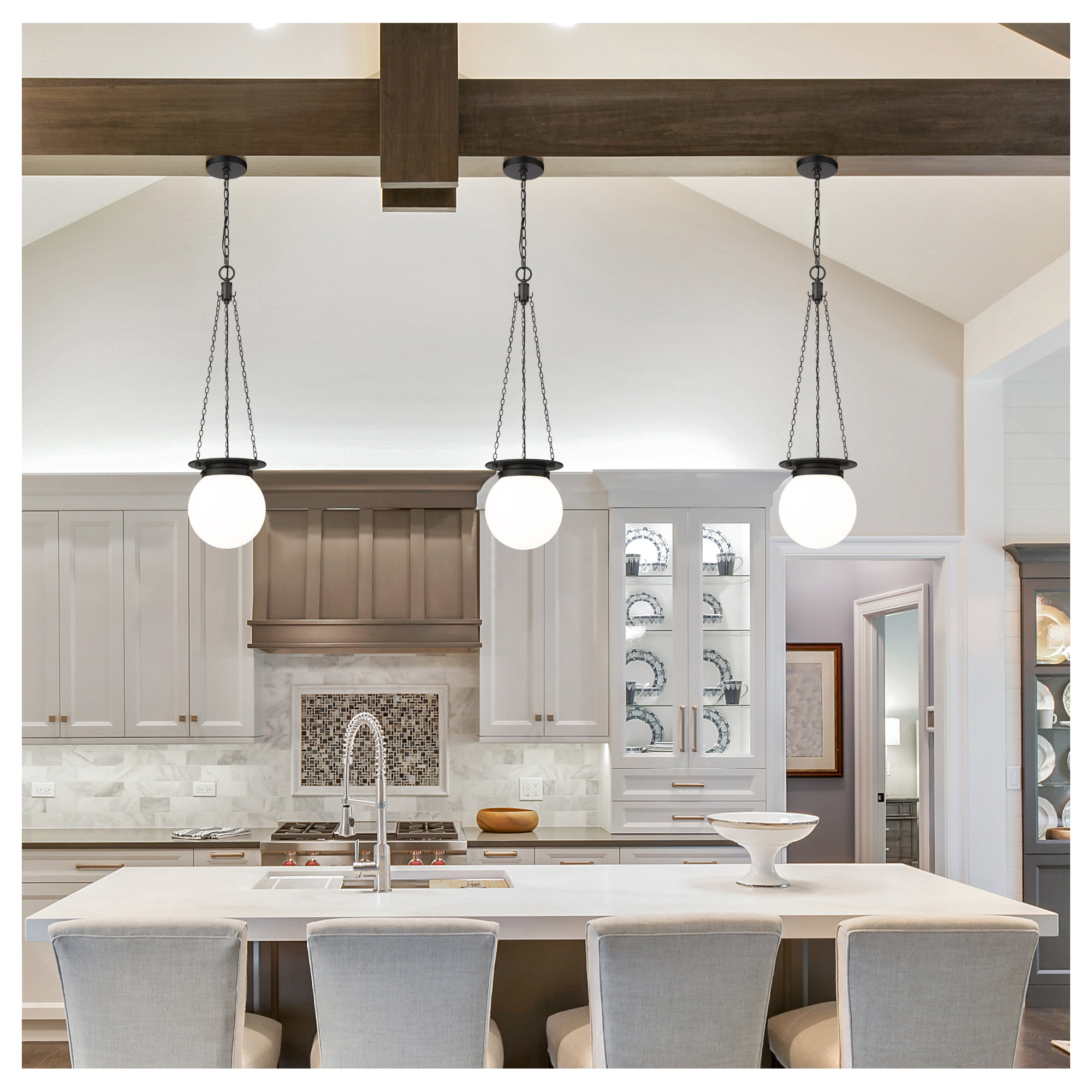 Zella Single Light Glass Dimmable Pendant, Matte Black, White, 82.75" H x 9" W x 9" D