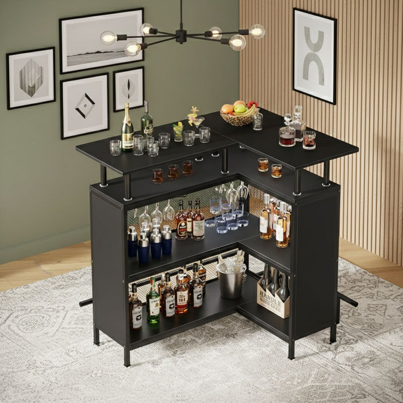 Table de bar en forme de L avec porte-verres et tablettes