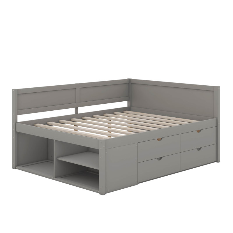 Lit de jour avec tiroirs et tablettes, Gris, Lit double