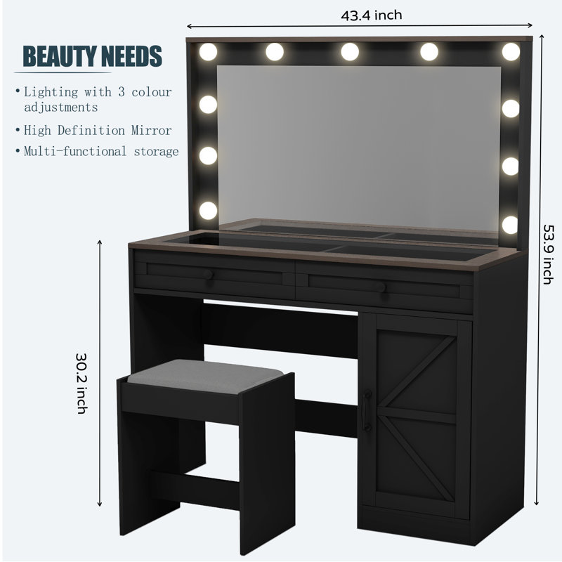 43.4" Makeup Vanity Set with Large LED Mirror, Storage Drawers and Stool, Black