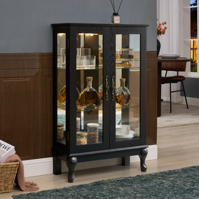 Elegant Light Oak Curio Cabinet with Tempered Glass Doors, LED Light, Mirrored Back Panel & Adjustable Shelves – Perfect Display Storage for Home & Office