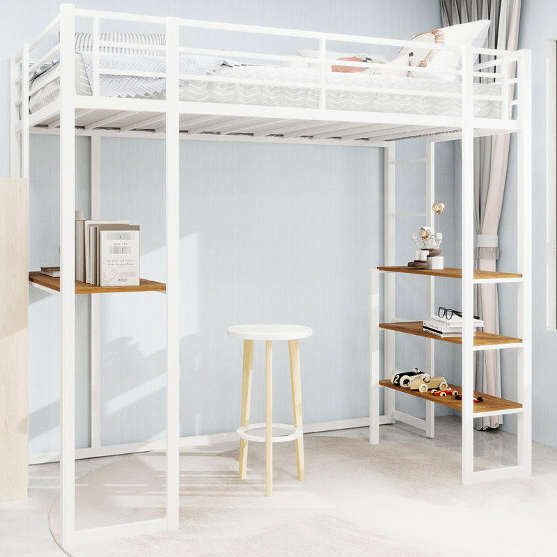 White Iron Frame Twin Bed With Built - In Table And Railing, Stable Safe For Bedroom, Double Supported Legs, Space Saving Design Iron Frame Twin Bed, Table, Stable, Safe, Legs, Layout
