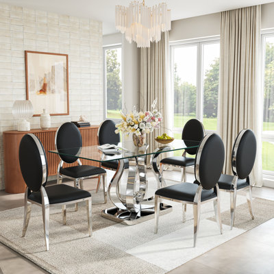 Modern 69" Rectangular Glass Dining Table Set, Tempered Glass Top, Polished Stainless Steel S-Shaped Base, And PU Leather Oval-Back Chairs