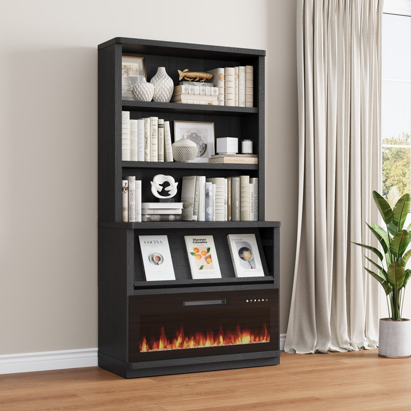 Brusnice 71" H x 37" W Standard Bookcase with Electric Fireplace and 5-Tiers Shelf, Black
