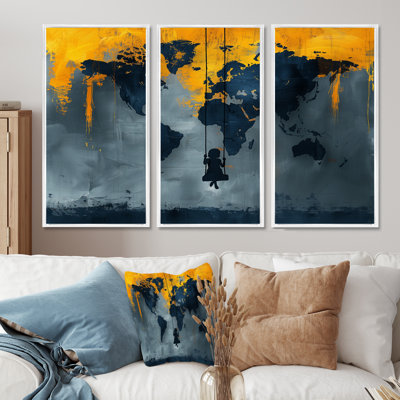 Jaune, jaune, carte du monde, aire de jeux Silhouette III - carte du monde, ensemble de salon d'art mural