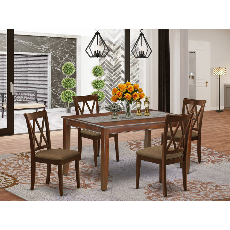 5 Piece Kitchen Table Set for 4 Includes a Dining Table and 4 Linen Fabric Dining Room Chairs, Mahogany, Mahogany, 5