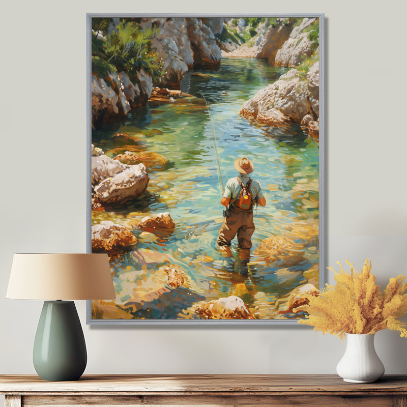 Pêche à la truite fluviale dans les montagnes II - Chasse et pêche, art mural, Toile argentée avec cadre flottant