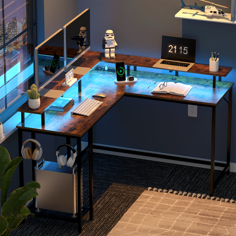 Kamai 54" L Shaped Computer Desk for Home Office Gaming Desk with LED Built-in Outlets with Storage Shelf, Rustic Brown/Black