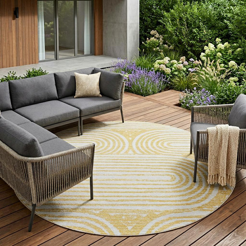 Tapis extérieur rond doré et blanc 8 pi