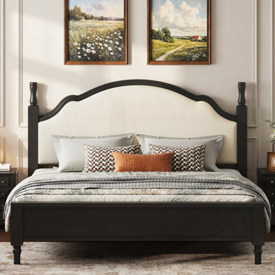 Wood Platform Bed with Upholstered Headboard