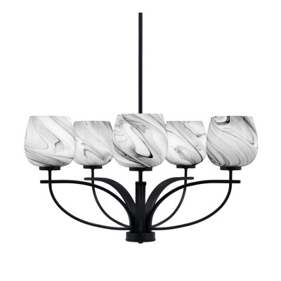 Cavella 5 Light, Uplight, Chandelier Shown In Matte Black Finish With 6" Onyx Swirl Glass