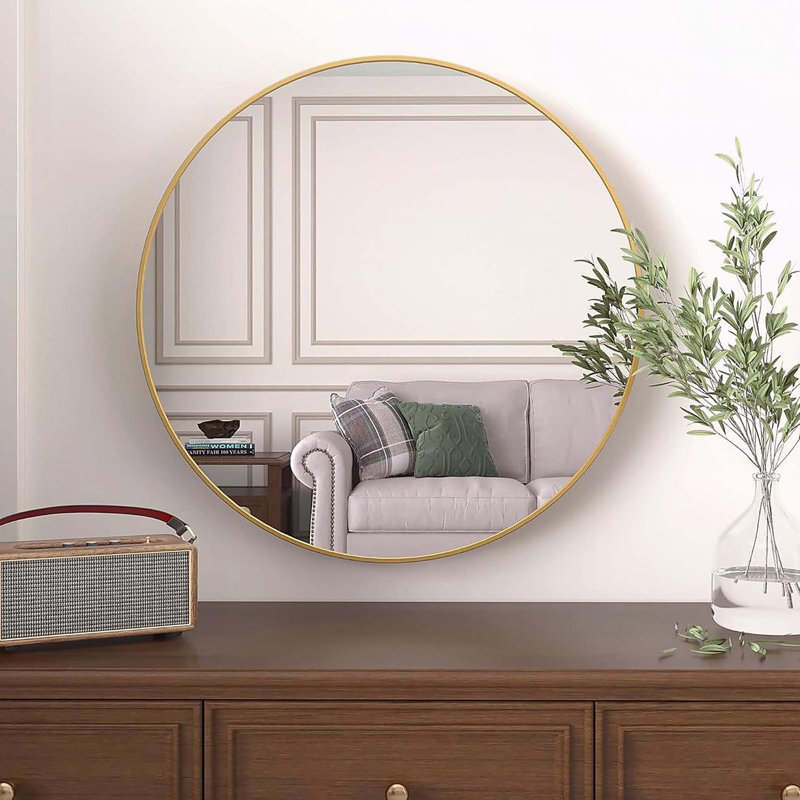 Gold 20 Inch Metal Round Bathroom Mirror, Gold, Round, 20" x 20"
