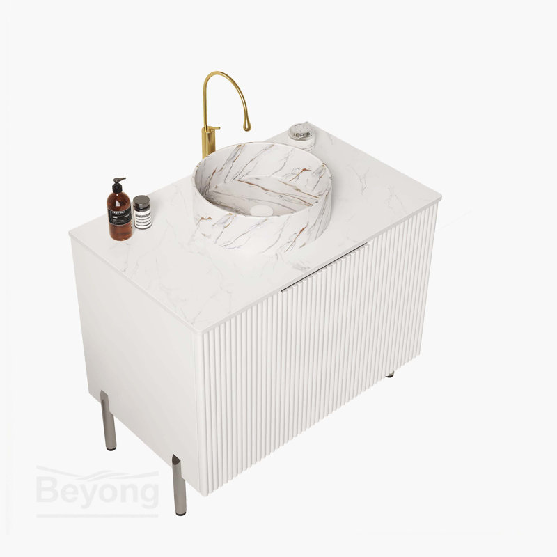 Meuble-lavabo de salle de bain 30 po avec lavabo, meuble de rangement autoportant avec 2 portes, lavabo rond blanc en céramique avec motif de pierre et comptoir blanc Carrara, sans robinet, couleur blanche