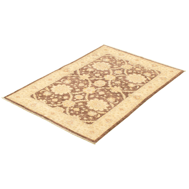 Tapis décoratif en laine noué à la main de conception unique 4 pi x 5 pi 10 po Detert de style brun foncé/crème